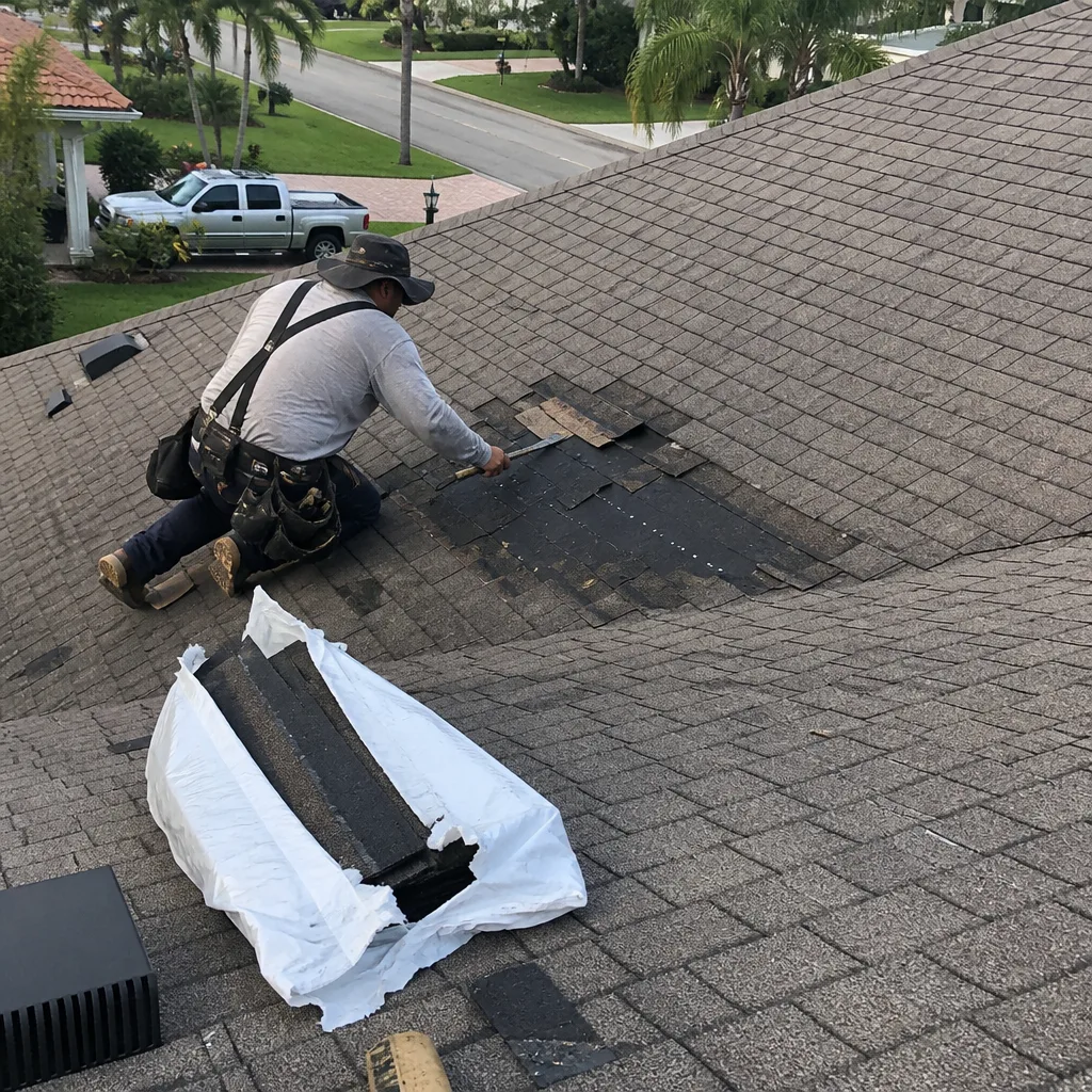A roofing contractor performing professional shingle repair on a residential house