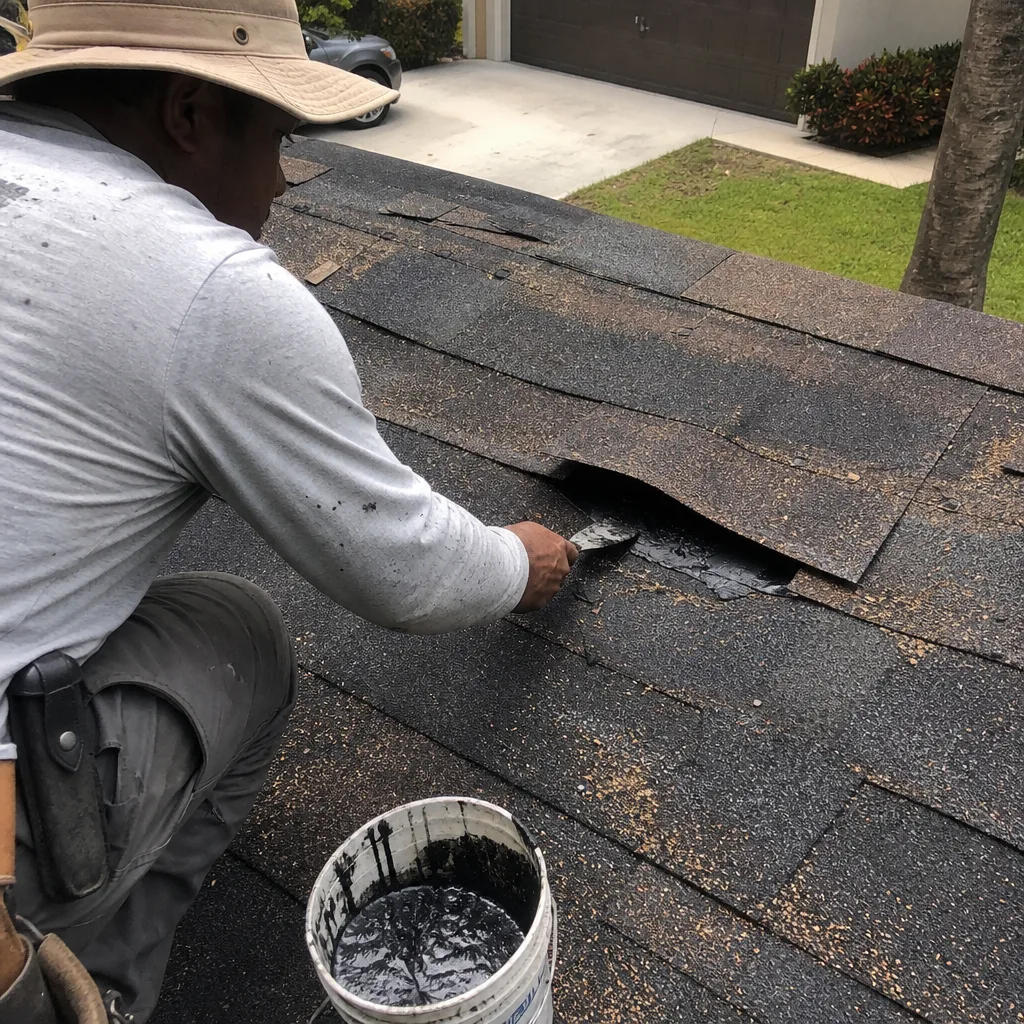 Professional roofer applying sealant to repair damaged roof shingles