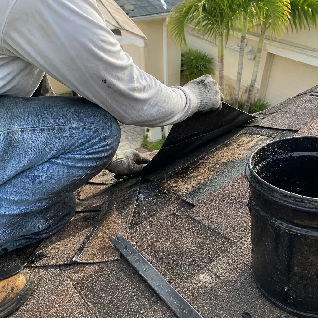 A professional roofer performing a residential asphalt shingle repair