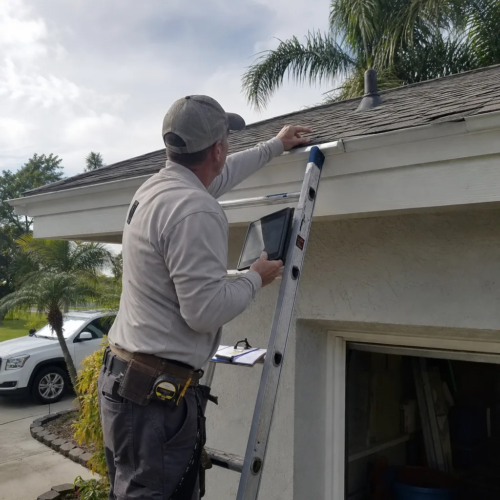 Roofing contractor inspecting residential shingles with a tablet on a ladder