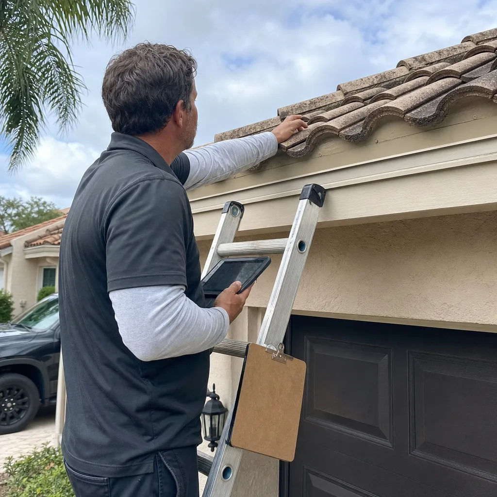 Roofing contractor inspecting a residential tile roof on a ladder