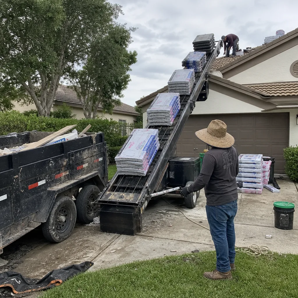 Roofing contractor using a conveyor belt to lift shingle bundles